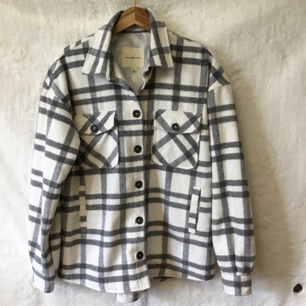 Thread & Supply Grey White Plaid Button Lined Jacket